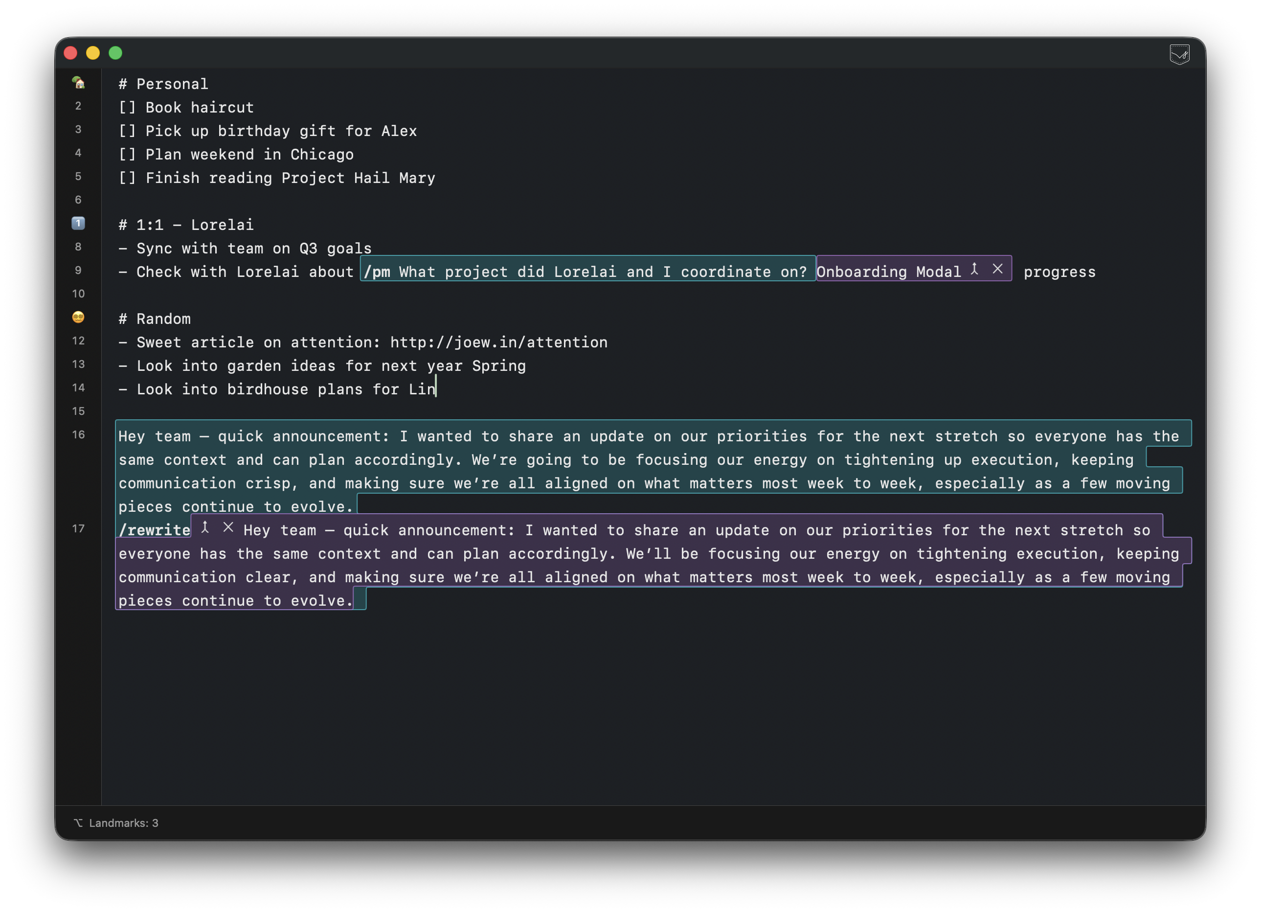 Jort editor showing notes, landmarks, and inline tools